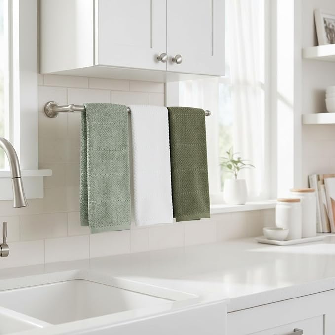 Sage White Dark Green Kitchen Dish Towels, Set of 3, 100% Cotton, 18" x 28" | Terry Loop Textured, Soft & Absorbent Cleaning Cloth, Quick Dry, Multipurpose for Everyday Use