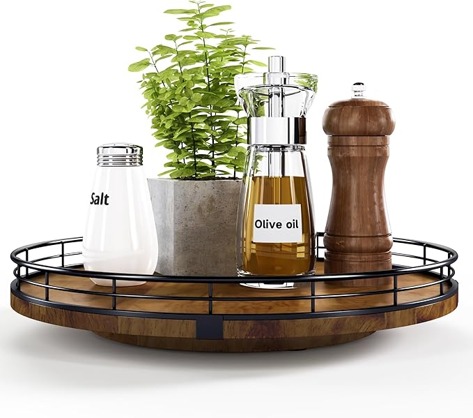 AMH 12-Inch Farmhouse Oak Lazy Susan Organizer, Walnut Finish | Smooth rotating oak tray with walnut finish for dining tables, kitchen counters, pantries and cabinet storage.