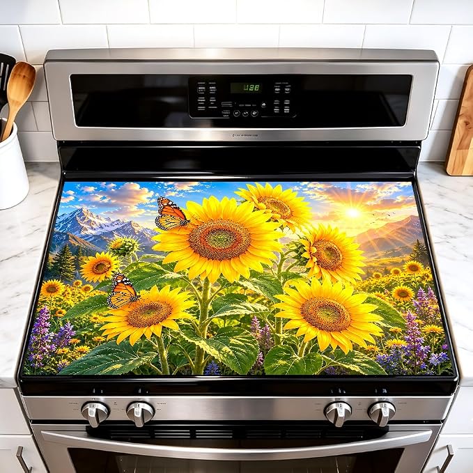 Sunflower Butterfly Stove Top Cover for Electric Stove, 28x20 In | Heat-resistant non-slip mat holds hot cookware; glass cooktop protector, dish drying, ironing pad; farmhouse kitchen decor