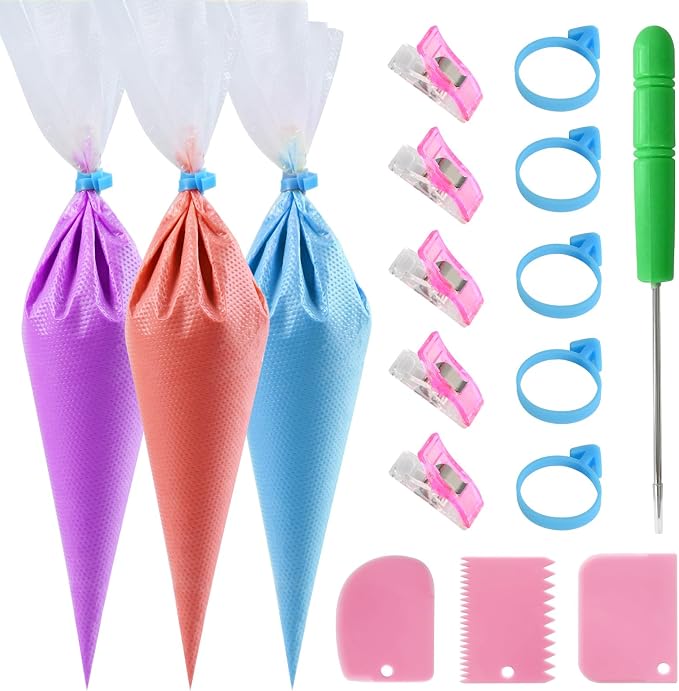 firstake Piping Bags Disposable 14 Inch 100pcs for Cake Decorating | Food Grade, Anti-Burst, Non-Slip, Smooth Interior, 5 Icing Bag Ties + 5 Clips + 3 Scrapers + 1 Scriber Needle