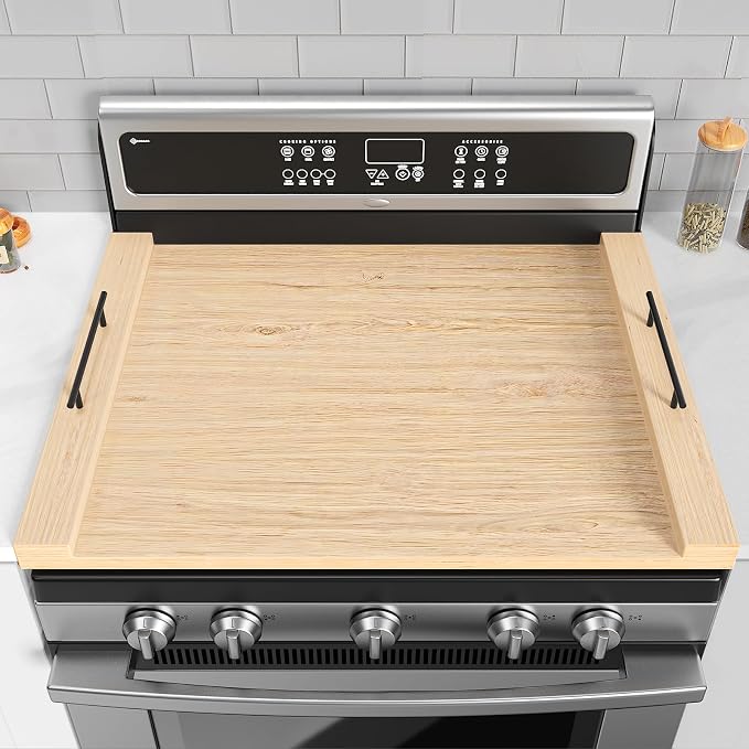 Oak-colored Wood Noodle Board Stove Cover with Handles - 30x22 inch Stove Top Cover for Gas Burners, Decorative Wooden Stove Topper for Electric Range, Extra Counter Space for Farmhouse Kitchen