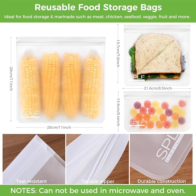 SPLF 12 Pack Dishwasher Safe Reusable Food Storage Bags, White | BPA Free Freezer Bags Leakproof Silicone and Plastic Free Lunch Bags Fridge Organization - 5 Sandwich 5 Snack 2 Gallon