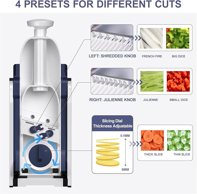 SupMaKin Safe Mandoline Slicer for Kitchen,Adjustable Potato Slicer 1-8 mm | 4 Modes Slice, Strips,Julienne Dicer,Vegetables Slicer Fry Food Cutter,Stainless Steel Blades, Foldable Dishwasher Safe,Gifts