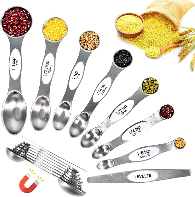 18-Pc Magnetic Measuring Cups and Spoons Set, with Lid, White | Includes 1 cover, 9 stackable cups set & 8 magnetic spoons, BPA-free & dishwasher safe, for liquid and dry baking