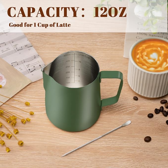 Amrules Milk Frothing Pitcher 12oz Frother Cup Barista Tools, Green | 18/8 Stainless Steel, 12oz Capacity with Clear Scale, with Decorating Pen, Ergonomic Handle, for Cappuccino, Latte & Espresso