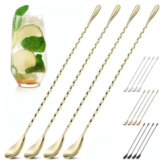Gold Bar Spoon Set of 4, 12 Inch, Stainless Steel, Spiral-Pattern Stem | Gold Coffee Spoons; Rust-Resistant, Dishwasher Safe; for Cocktails, Smoothies, Iced Coffee, and Floats; Sugar Spoon