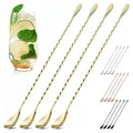 Gold Bar Spoon Set of 4, 12 Inch, Stainless Steel, Spiral-Pattern Stem | Gold Coffee Spoons; Rust-Resistant, Dishwasher Safe; for Cocktails, Smoothies, Iced Coffee, and Floats; Sugar Spoon