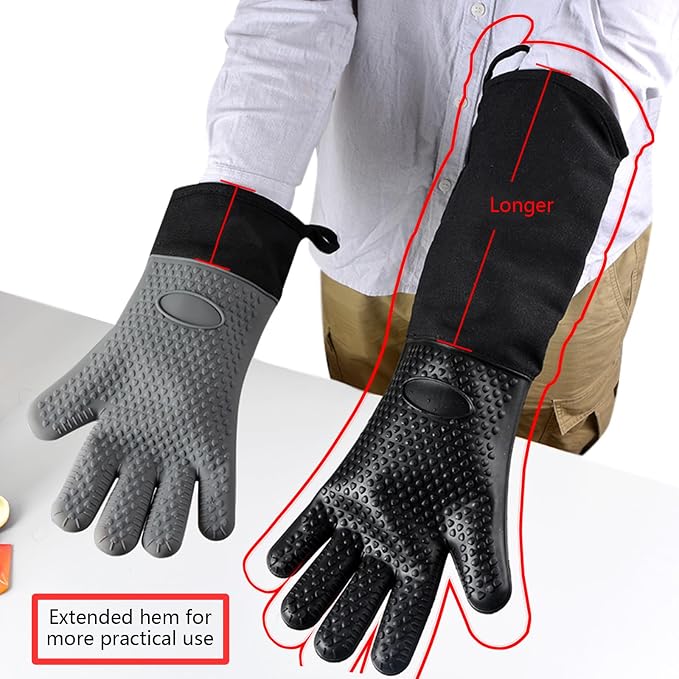 1 Pair Extra Long Professional Oven Mitts, Non-Slip Silicone Grip Heat Resistant,19.7" Length,Up to 572℉ for BBQ Cooking Baking Grilling (Black)