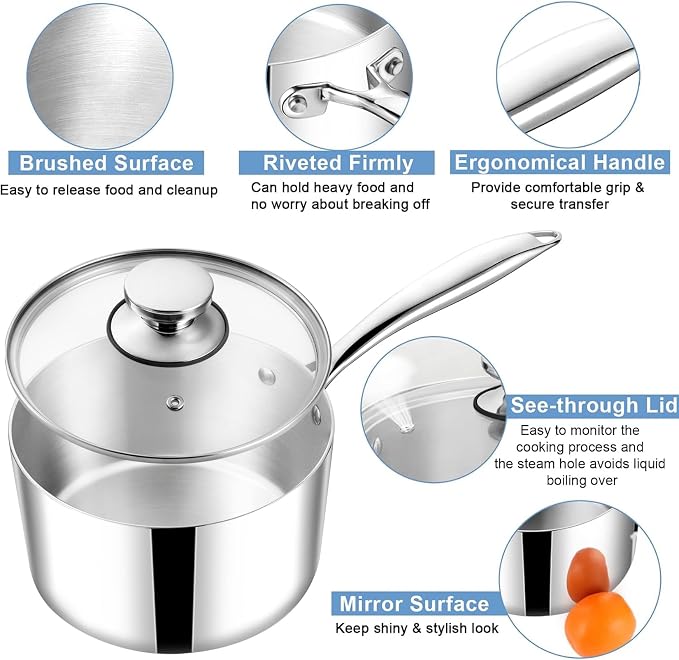 TeamFar 1qt Saucepan with Lid, Stainless Steel Tri-Ply Sauce Milk Pan | Small Cooking Pot with Ergonomic Handle, for Induction/ Gas/ Electric/ Ceramic, Healthy & Dishwasher Safe