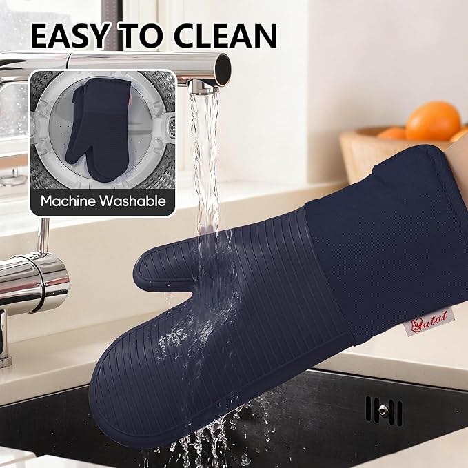 YUTAT Silicone Oven Mitts,High Heat Resistant Up to 500 Degrees,Waterproof Cooking Gloves with Soft Polyester Filling,Kitchen Potholder Set - Perfect for BBQ,Baking and Cooking,2 Pcs Set(Deep Blue)