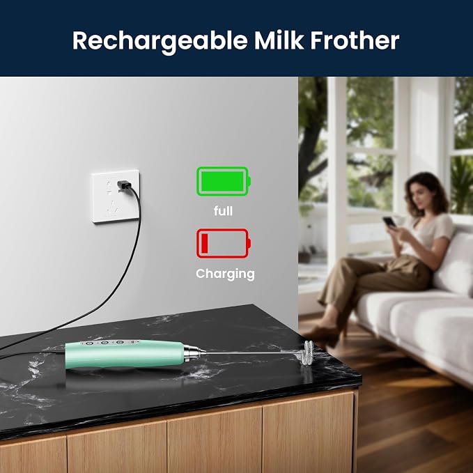 Milk Frother Wand Rechargeable Handheld Electric Whisk 3 Speed Adjustable | Coffee Frother Wand with 3 Stainless Whisks Electric Foam Maker Drink Mixer Blender for Latte Cappuccino Matcha Egg