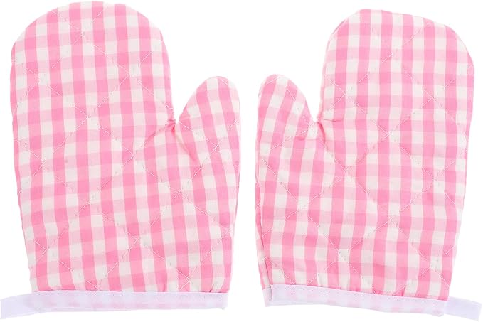 2Pcs Oven Mitts for Play Kitchen, Anti- Scald Gloves Microwave Oven Gloves Kitchen Mitts for Safe Baking Cooking (Pink Checkered)