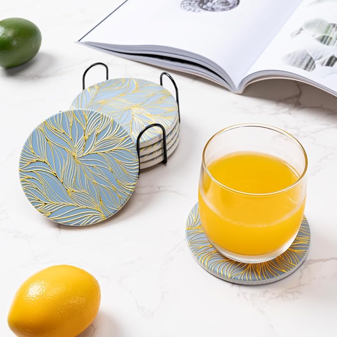 6Pcs Absorbent Coasters Set with Holder,Ceramic Drink Coaster,4 in（A7） | Marble Style Ceramic Drink Coaster,Suitable for Kinds of Cups,Modern Style Coaster for Coffee Table