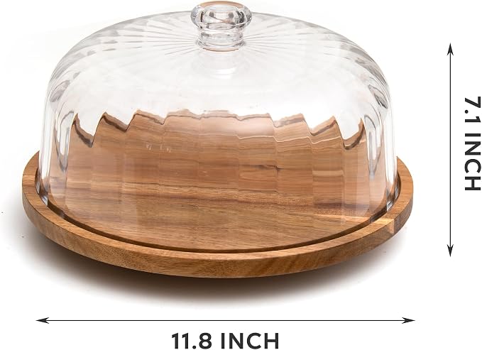 Cake Stand with Lid, Rotating Cake Holder with Dome, Wood Lazy Susan with Cover, Cake Stand for Party,Birthday,Parties,Baking Gifts(12 Inch with Dome)