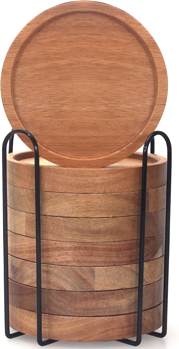 Acacia Wood Coasters Set of 8 Bar Accessories Table Decor Wooden Coaster | Rustic Vintage Drink Coaster with Holder Kitchen Decoration Cool Home Outdoor Cup Coster porta vasos Table Centerpieces