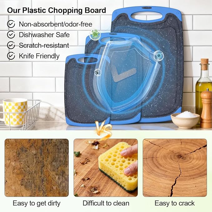 Viretang Non Slip Cutting Board Set For Kitchen, 3 Pieces, Dishwasher Safe | Blue Plastic Chopping Boards with Juice Grooves, Easy Grip Handle,Grinding Area for Grinding Garlic and Ginger,Non BPA