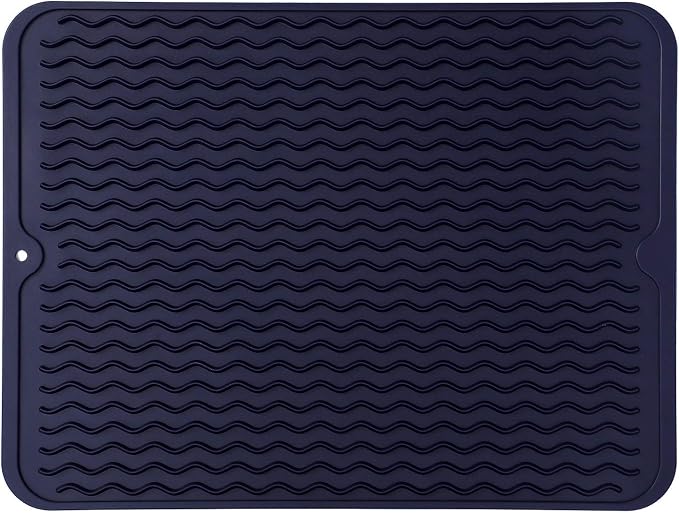 MicoYang Silicone Dish Drying Mat — Quick-Dry Ridges Counter & Sink Pad, Heat-Resistant Trivet to 450°F, Non-Slip & Dishwasher Safe, Roll-Up Storage, 18 Colors & 9 Sizes (Navy Blue, 16"×12")
