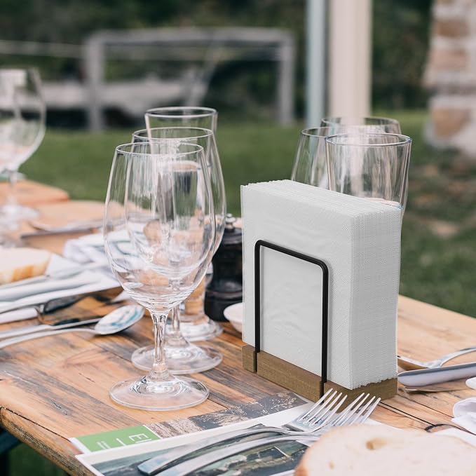 Wican Napkin Holder for Table, Acacia Iron Standing Napkin Dispenser | Kitchen Dining Table Farmhouse Cocktail Picnic Rustic Wood Holders, Mail, Suitable Dining Room Decors, Acacia and Matte Black