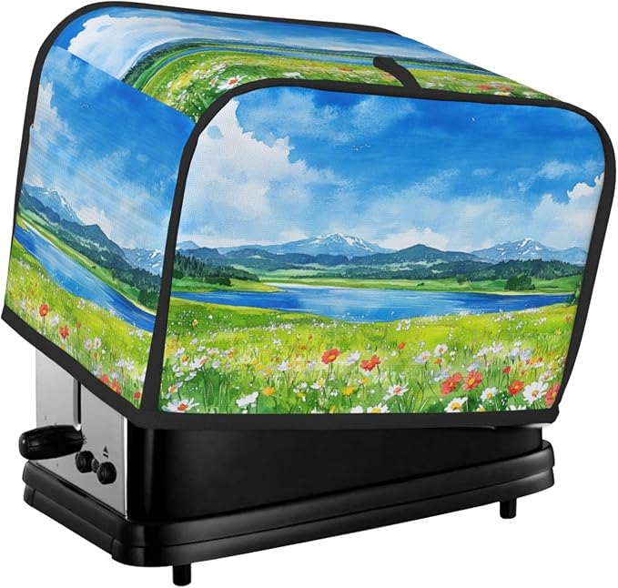 2 Slice Toaster Cover Flower Field Blue Sky Dust Proof Washable Kitchen Appliance Cover with Pocket, Oxford Fabric Countertop Toaster Protector for Standard Toasters Small Appliances