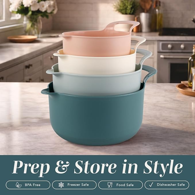 COOK WITH COLOR Nesting Plastic Mixing Bowl Set with Pour Spouts and Handles, Teal and Pink, 4 Piece Non-Slip