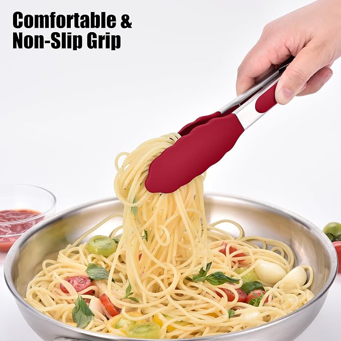Doosu Kitchen Tongs with Silicone Tips for Cooking Serving (7in, Red) | 600°F Heat Resistant Food Tong, Heavy Duty Stainless Steel Locking Tong for BBQ, Grilling Steak, Salad, Toast, Pasta