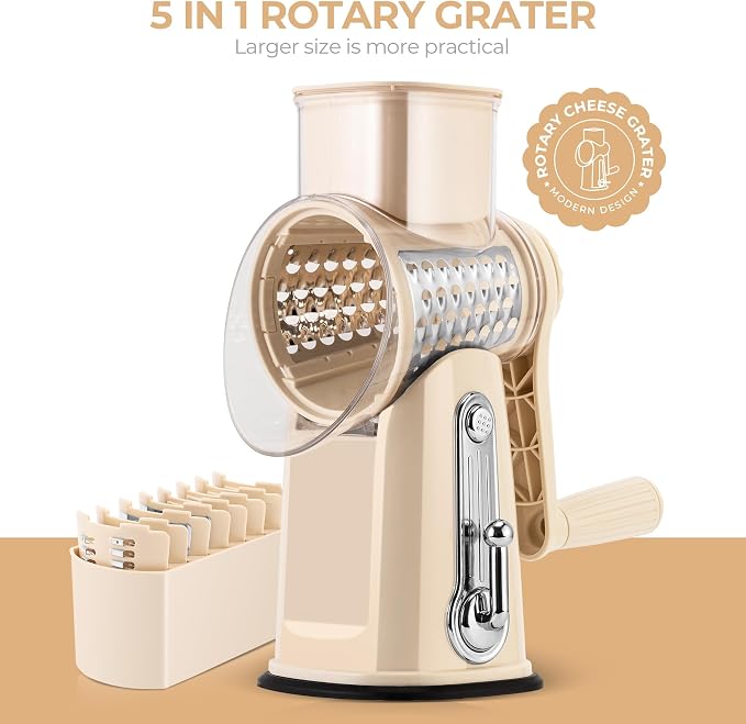 SUSTEAS Rotary Cheese Grater 5 Blades,Kitchen Mandoline Vegetable Slicer | Beige, Easy to Clean, Strong Suction Base, 5 Blades Storage Box, Round Mandoline Slicer & Food Chopper for Salad