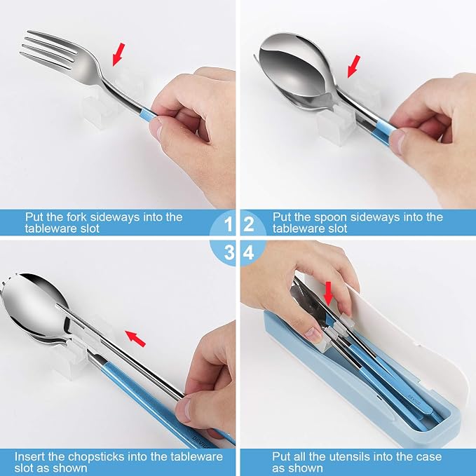 DEVICO Travel Utensils with Case, 4Pcs Portable Silverware Set for Work, 18/8 Stainless Steel Reusable Cutlery, Korean Spoon and Chopsticks Fork for Camping, School, Lunch Box Accessories (Blue)