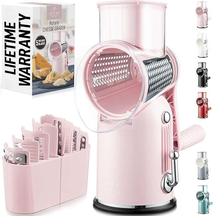 Zulay Kitchen Rotary Cheese Grater 5 Blade Cheese Shredder - Manual Hand Crank Cheese Grater With Reinforced Suction & 5 Interchangeable Drums - Easy to Use, Vegetable Chopper Round Mandoline Slicer