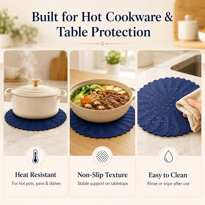Heat-Resistant Silicone Trivet Mats, Non-Slip Hot Plate Holder for Kitchen Countertops & Dining Table, Reusable Pot Holder Pad with Secure Grip, Dishwasher Safe (Blue, Diameter: 30cm/11.81")
