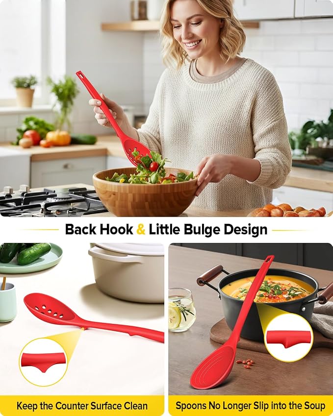 Pack of 2 Silicone Cooking Spoons, Non Stick Solid Kitchen Spoon with Measuring Marks & Back Hooks, Heat Resistant Silicone Slotted Spoon for Cooking, Mixing, Stirring,Serving (RED)