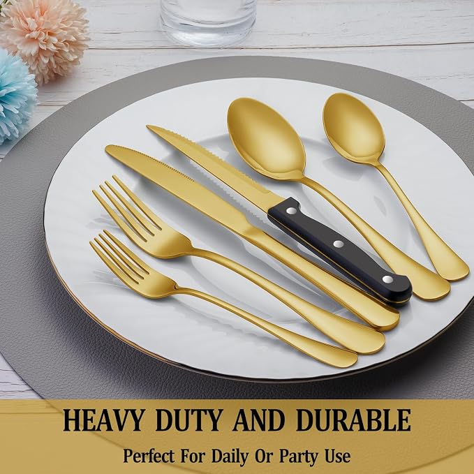 72 Pcs Gold Silverware Set with Steak Knives, Stainless Steel Flatware Cutlery Set for 12, Kitchen Tableware Sets, Utensil Sets for Home and Restaurant, Dishwasher Safe