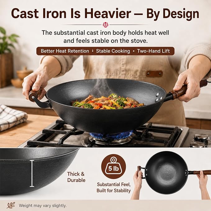 WANGYUANJI 14.2 Inch Cast Iron Wok with Wooden Lid & Handle, Flat Bottom Stir Fry Wok Pan, Turtle-Pattern Textured Uncoated Large Wok Skillet for Induction, Gas & Electric (Seasoning Required) | Uncoated cast iron wok with wood lid for induction, gas a...
