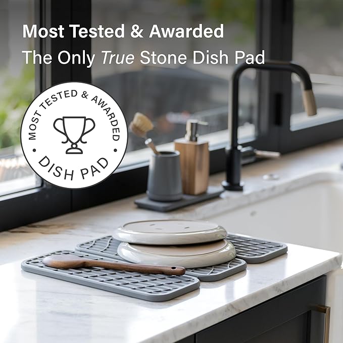 Dorai Home Dish Pad - Collapsable Stone Dish Drying Mat with Diatomaceous Earth for Quick Drying - Ultra Absorbent - Encased in Silicone - Eco-Friendly, Foldable - Original 19.9"x15.2", Slate