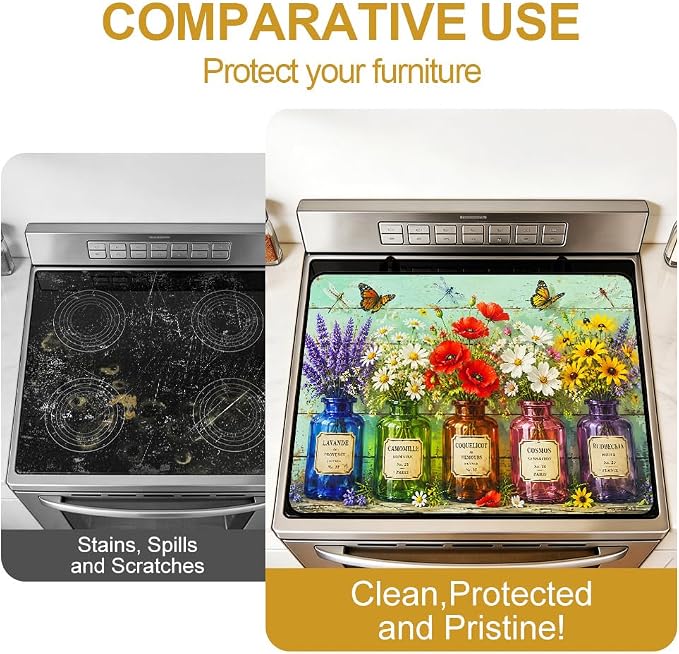 Vintage Wildflower Stove Top Cover for Electric Gas Glass Stove | Vintage French country wildflower kitchen decor; non-slip stovetop cover, glass cooktop noodle board, floral counter mat