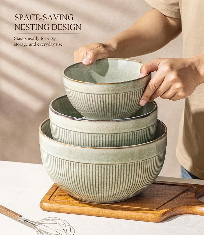 GBhome Ceramic Mixing Bowls Set of 3, Stoneware Nesting Serving Bowls, | 45/90/150 oz For Prep, Baking, Serving, Gift, Microwave and Dishwasher Safe, Ribbed Dishware Collection,Desert Sage