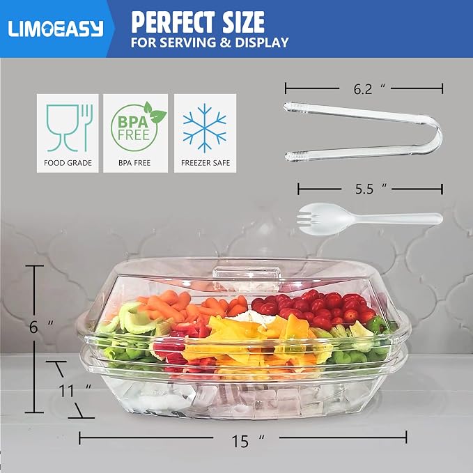 LIMOEASY Chilled Veggie Tray, 15 Inch Clear Party Platter with 4 Compartments, Ice Serving Bowl with Lid, Cold Food Buffet Server for Fruit, Vegetable, Appetizer, Shrimp