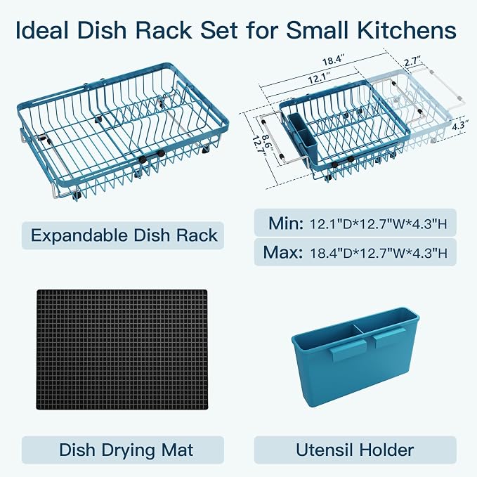 Blue Dish Drying Rack Over The Sink with Utensil Holder, Mat | Expandable Stainless Steel Dish Drainer for Small Kitchen, Apartment, RV, Counter Space Saving, Perfect Fit, Rustproof