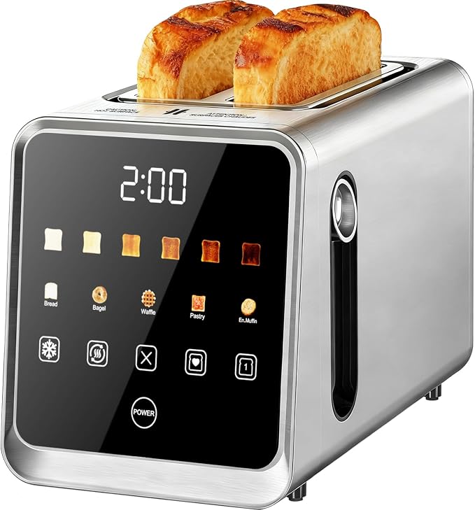 Smart Toaster 2 Slice with Touchscreen, 900W Stainless Steel Wide Slot 1.5 Inch, BreadID Tech Live Countdown Timer, Memory Function, Defrost Reheat for Bagel Waffle Bread, Kitchen Essentials
