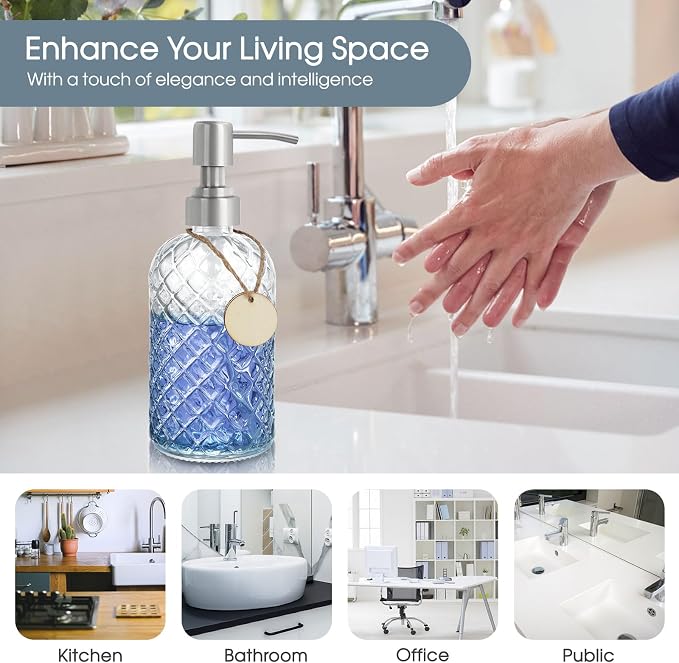 Gem-Patterned Glass Soap Dispenser with Rust Proof Stainless Steel Pump-13 oz Liquid Hand Soap Dispenser for Kitchen & Bathroom,Great for Lotions, Essential Oil, Liquid Soaps-Clear