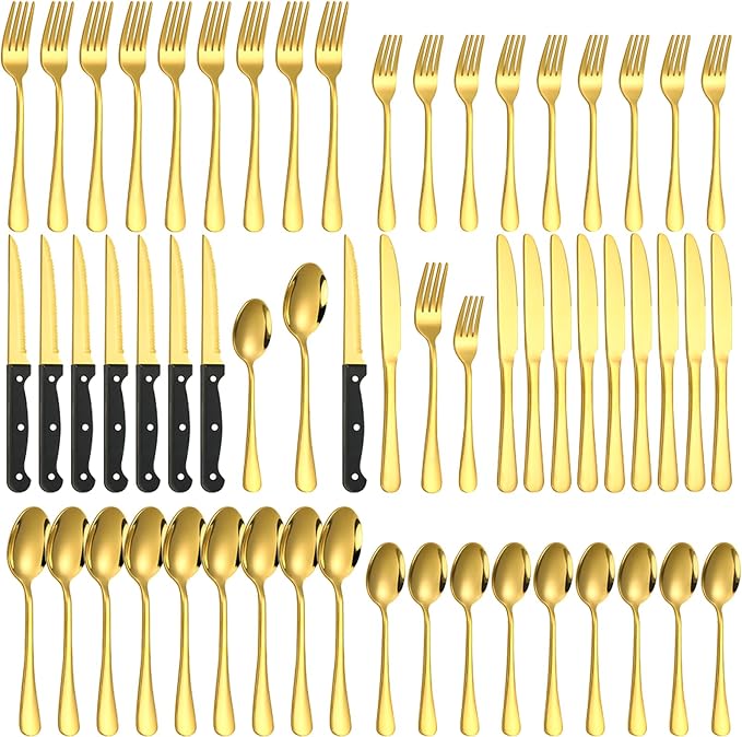 60-Piece Gold Silverware Set with Steak Knives Gold Stainless Steel Flatware Set for 10 Food Grade Tableware Cutlery Set Rust-proof, Mirror Polished, Dishwasher Safe