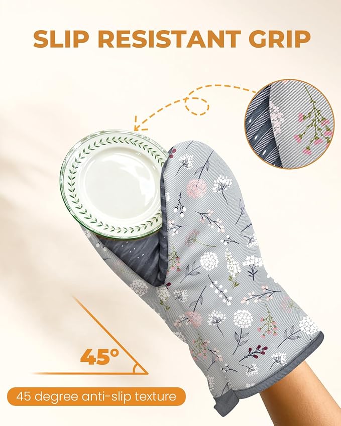 100% Thick Cotton Mini Oven Mitts Silicone Grip Grey Floral | Elegant Classic Oven Mitts for Women, Machine Washable, Non-Slip, Reversible Design Fits Both Hands, Stylish Kitchen Decor