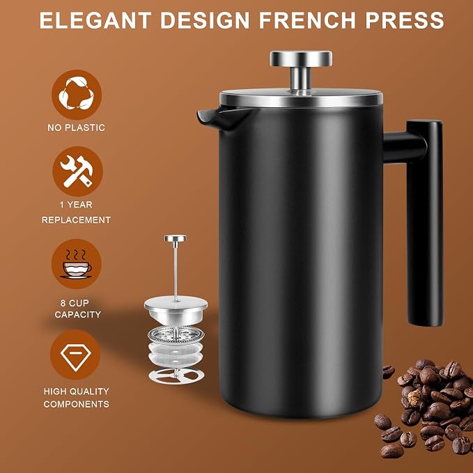 34 OZ Large French Press, Premium Stainless Steel French Press Coffee Maker | Sturdy Insulated French Coffee Press 4 - 8 Cups, Tea Presses for Home Kitchen Camping Travel Loose Tea, Elegant Black