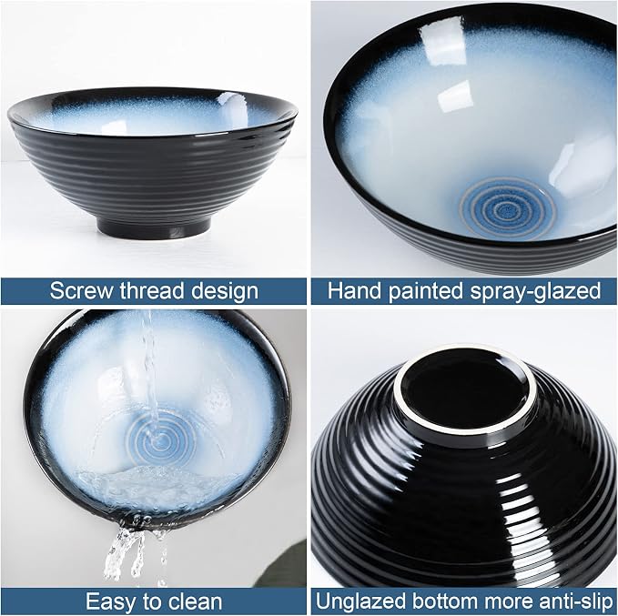 Ceramic Japanese Ramen Bowl Set, 2 Sets Asian Pho Udon Soup Noodle Bowls with Spoons and Chopsticks (Black/Blue, 8 inches)