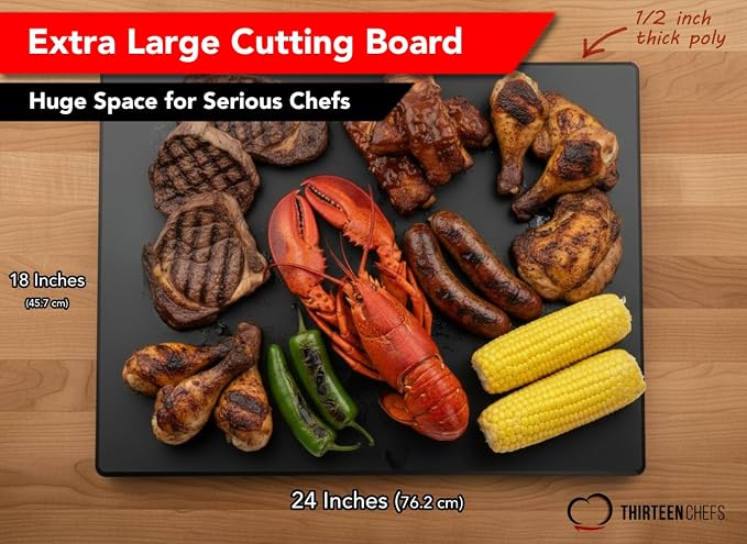 Thirteen Chefs Extra Large 24 x 18 Black Cutting Board, 0.5 Inch Thick HDPP, NSF Certified for Food Service and Professional Kitchens