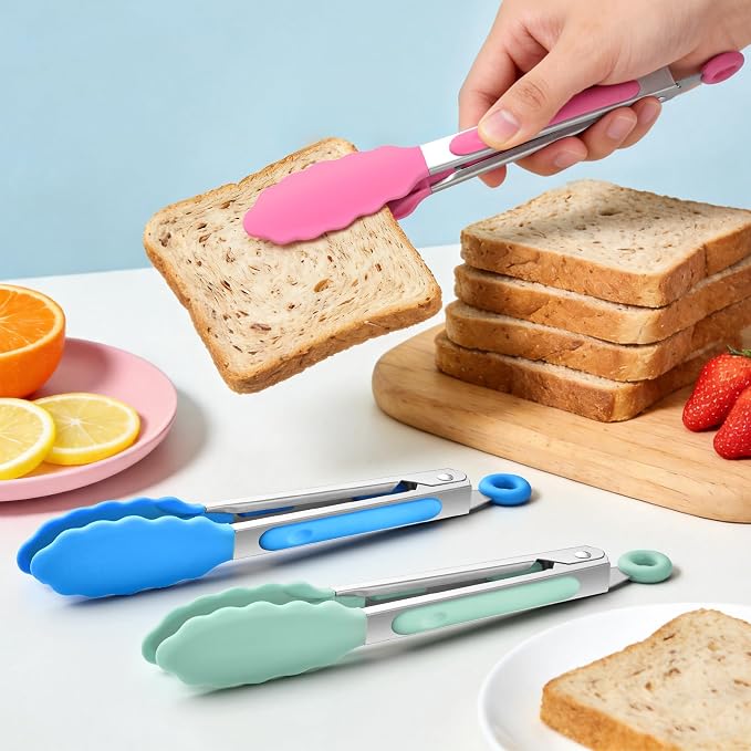 6PCS 7-Inch Silicone Tongs Set, Stainless Steel Tongs with Silicone Tips | Heat-Resistant Small Tongs For Cooking, Serving, Grilling | Dishwasher Safe | Multicolor