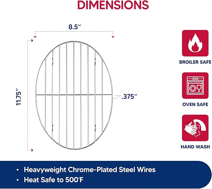 HIC Kitchen Roasting Oval Baking Rack, Chrome-Plated Steel Wire, For Even Cooking And Juicy Results, 11.75 x 8.5 x 0.375-Inches