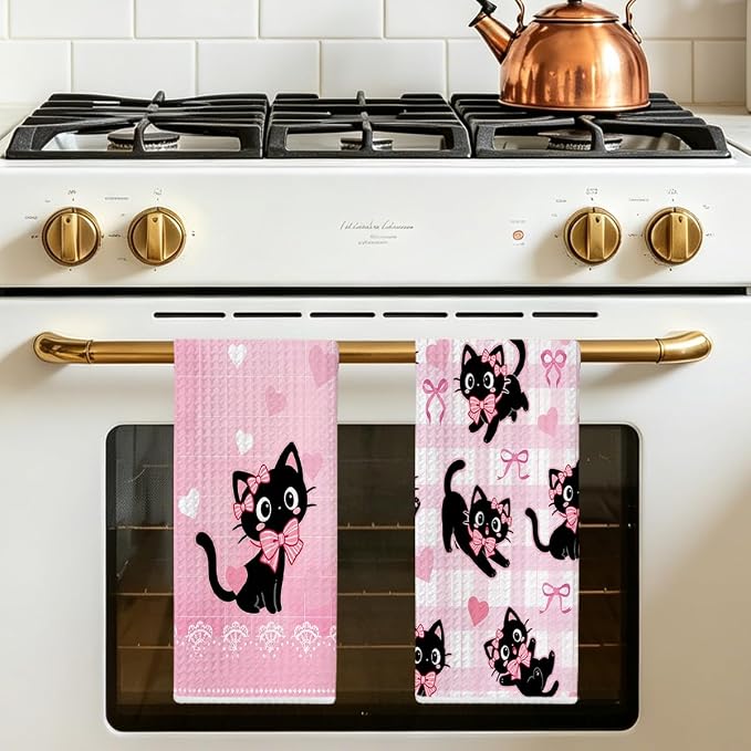 2 Pcs Pink Bow Cat Kitchen Towels 24x14 Inch, Cats Gifts Reuse Hand Towel | Cats Absorbent Waffle Dish Towels for Drying Dishes Kitchen Home Decor, Cat Lover Gifts for Women Mom