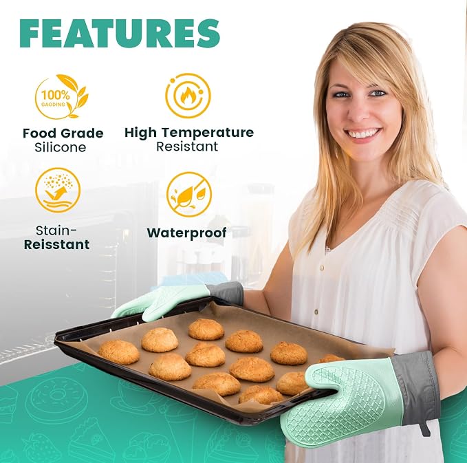 Silicone Oven Mitts (2 PCS), Waterproof Non Slip Grip Oven Gloves with Thick Soft Cotton Lining, Universal Fit Heat Resistant Kitchen Gloves for Baking, BBQ, Cooking and Grilling-Green