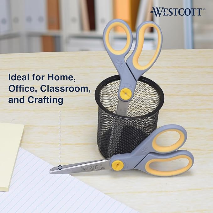 Westcott 8-Inch Titanium-Bonded Scissors with Adjustable Glide Feature for Office and Home - Gray/Yellow