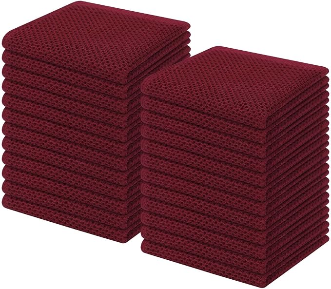 Homaxy 100% Cotton Waffle Weave Kitchen Dish Cloths 24-Pack, Burgundy | 12 x 12 Inches, Ultra Soft Absorbent Dish Towels, Quick Drying Dish Rags with Hanging Loop